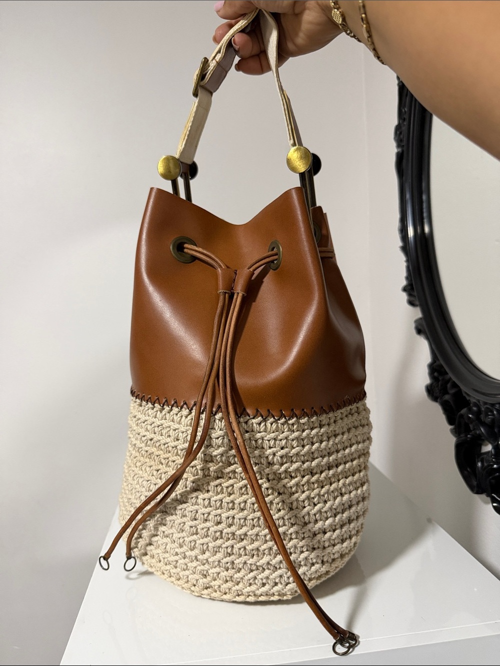 Votivo Tan Leather & Cream Crochet Bucket Bag 🍹